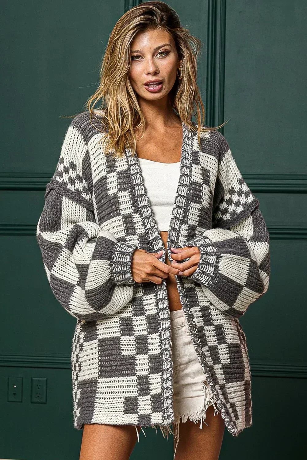 Taupe Colorblock Checked Open Front Knitted Cardigan