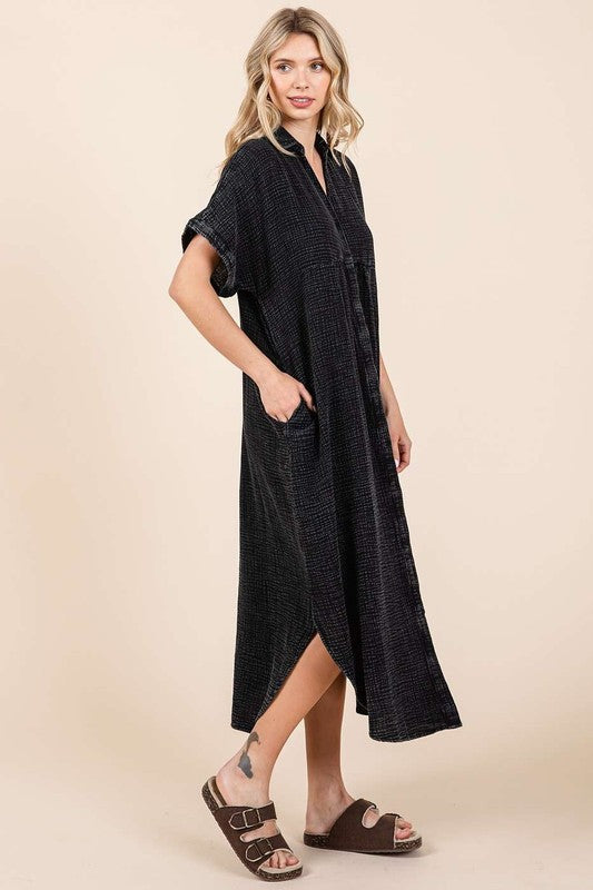 Mineral Wash V Neck Button Up Midi Shirt Dress For Women – Trendy and Comfortable Lived-In Style