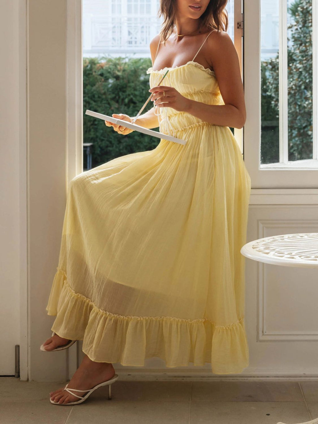 Vintage Ruffled Hem Midi Dress With Tied And Ruched Detail Elegant Feminine Girls Dress