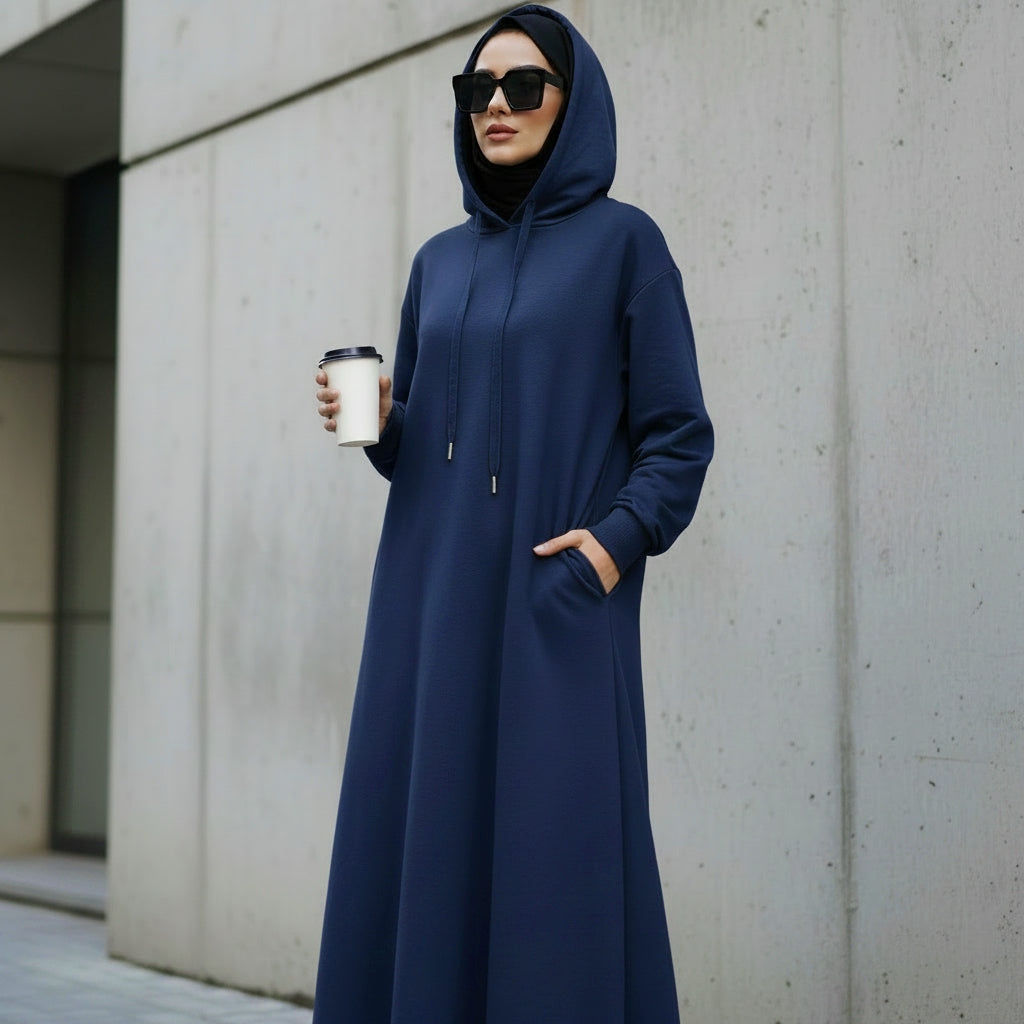 French Terry Hoodie Abaya With Pockets  (MA340)