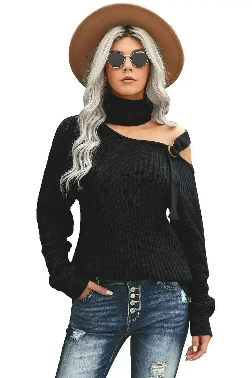 Winter Black Strapped Cut out Shoulder Turtleneck Sweater