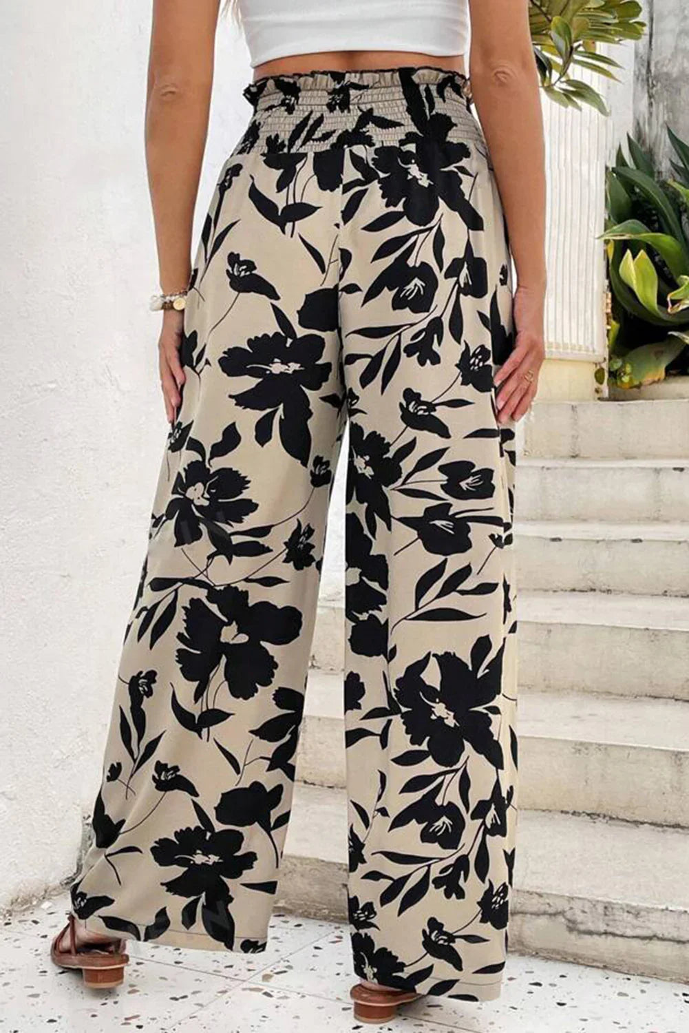 Blue Floral Smocked Frill Waist Wide Leg Pants