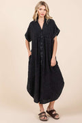 Mineral Wash V Neck Button Up Midi Shirt Dress For Women – Trendy and Comfortable Lived-In Style