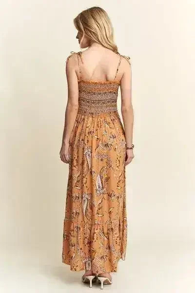 Square Neck Tie Shoulder Dress - Smocked & Floral | Femstylo