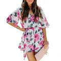 Printed Flared Short-Sleeved Lace-Up Jumpsuit Skirt