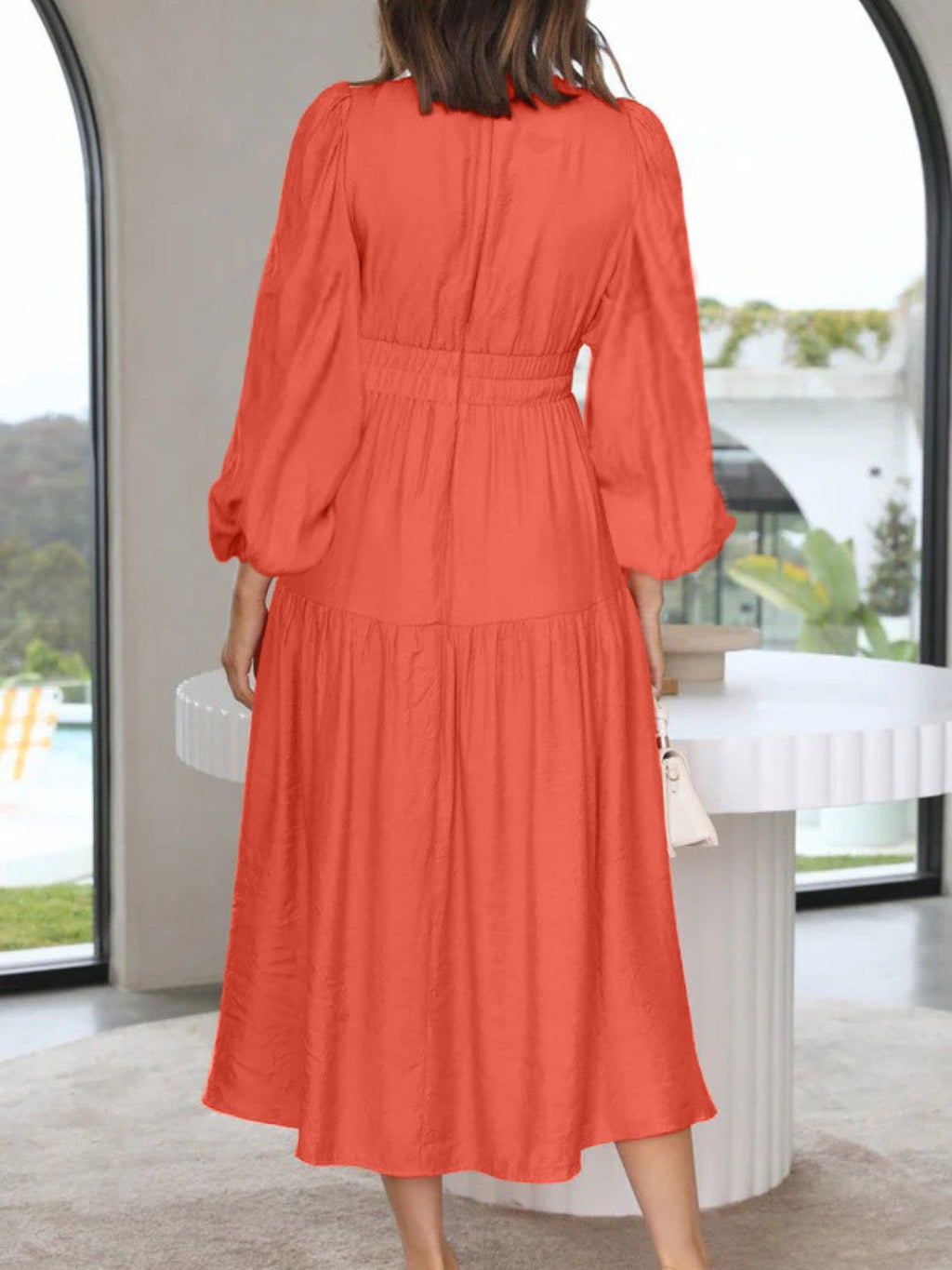 Lightweight Deep V-Neck Balloon Sleeve Maxi Dress Elegant & Flowing Silhouette Unique Dress