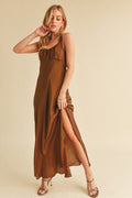Ruched Side Slit Cutout Back Maxi Cami Dress For Summer–Elegant, Alluring & Sophisticated with Stunning Design