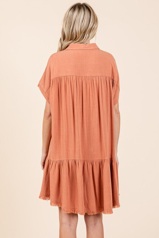 Linen Blend Button Down Shirt Mini Dress For Women – Casual, Classic Button-Down Design with Raw Hem and Tiered Detail