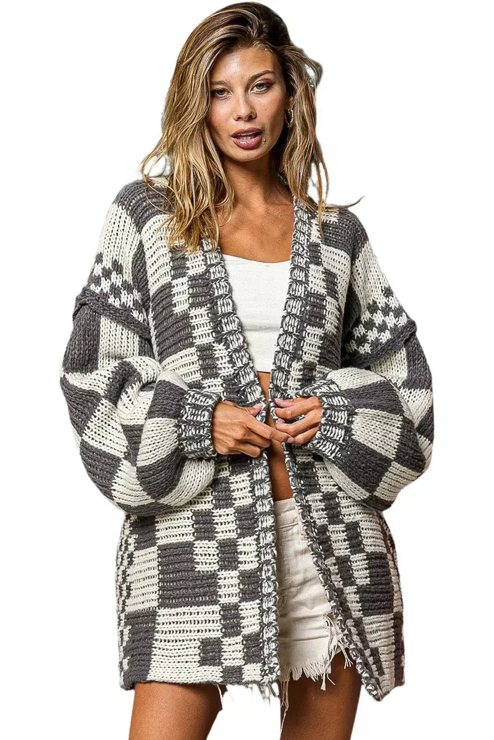 Taupe Colorblock Checked Open Front Knitted Cardigan