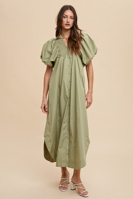 Smocked Puff Sleeve Midi Dress – Feminine Smocked Detailing, Puff Sleeves, and Midi Length for a Trendy and Elegant Look