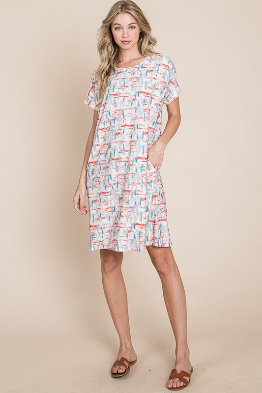 Printed Round Neck Short Sleeve Tee Dress For Women – Casual and Comfortable Dress with Printed Design and Pockets