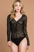 V-Neck Mesh Sheer Bodysuit Semi-Sheer Lingerie - Femstylo