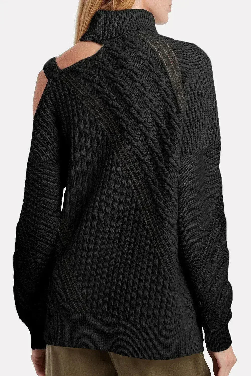 Winter Black Strapped Cut out Shoulder Turtleneck Sweater