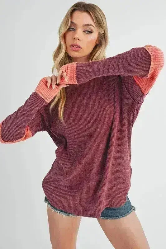 Color Block Knit Top – Raw Seam Detail & Cotton-Spandex Blend