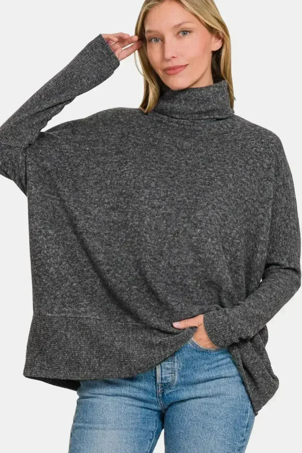Full Size Brushed Melange Hacci Turtleneck Sweater | Femstylo