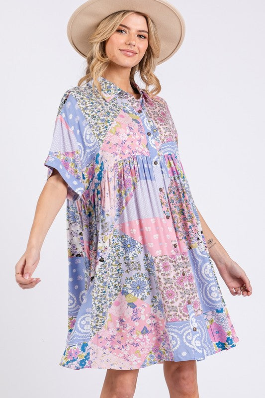 Pink Multicolor Floral Collared Neck Half Sleeve Mini Shirt Dress Feminine Floral Print Dress for Women