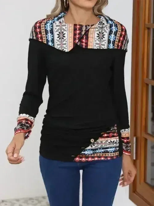 Printed Collared Neck Long Sleeve Blouse – Femstylo