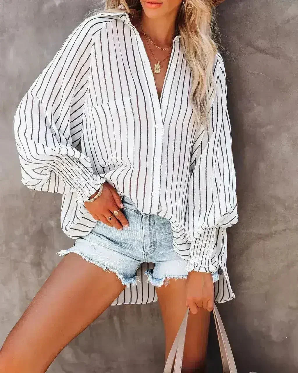 Spring And Autumn New Lapel Shirts Thin Mid Length Striped Casual Long