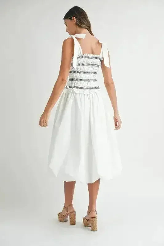 MABLE Smocked Bodice Bubble Midi Dress