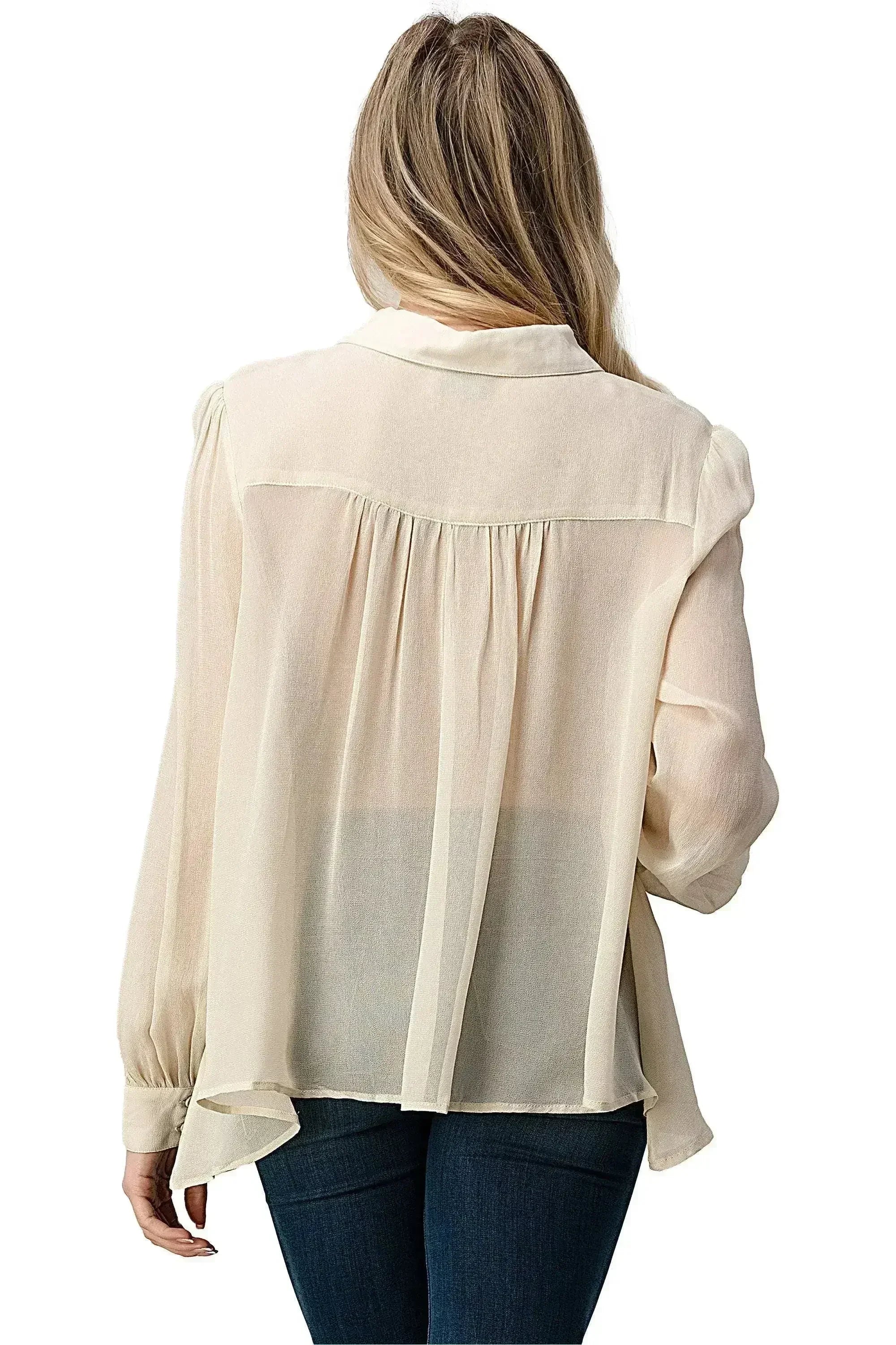 Embroidered Sheer Blouse - Beaded Jewel Trim Button-Up Top | Femstylo