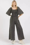 Mineral Wash Gauze Mittoshop Jumpsuit - Ruched Wide Leg Romper | Femstylo