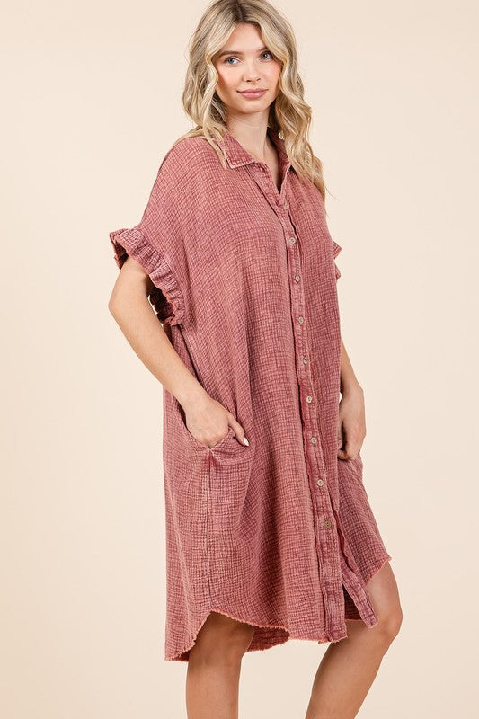 Mineral Wash Cotton Gauze Mini Shirt Dress For Women – Effortlessly Chic and Tredny Dress with Ruffle Sleeve Details