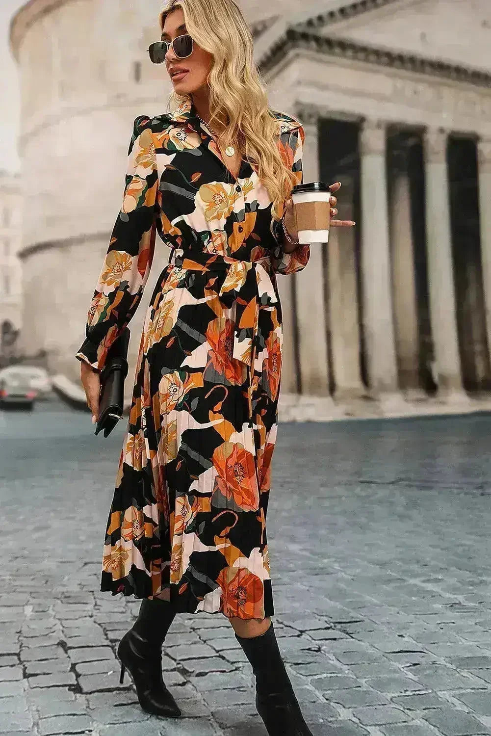 Floral Pleated Shirt Dress - Waist Tie Midi Dress | Femstylo