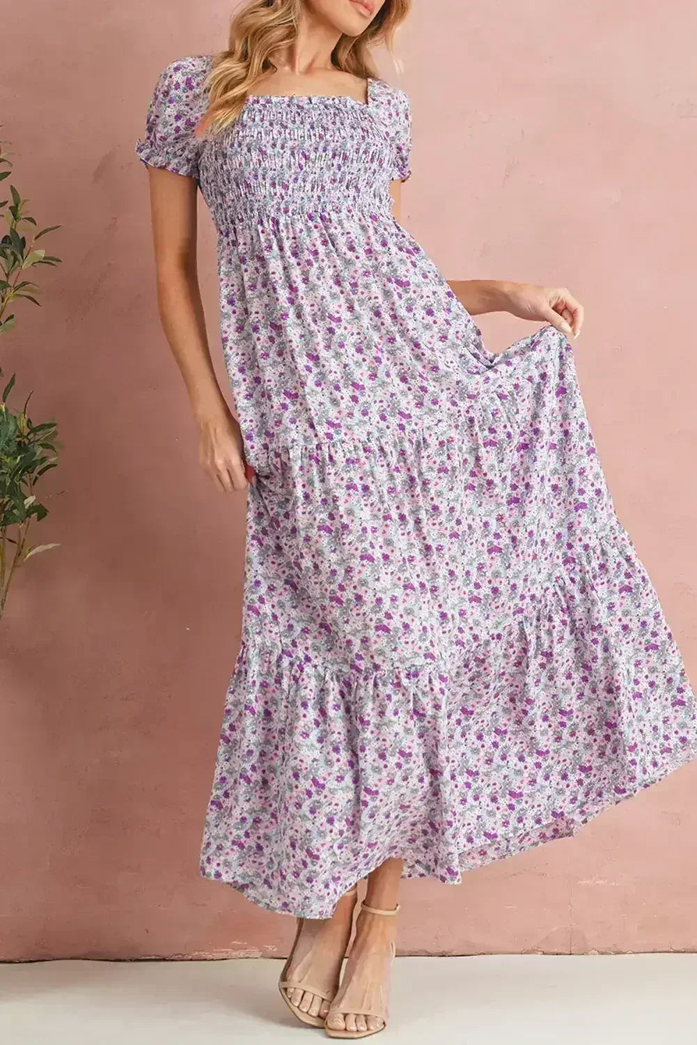 Purple Floral Short Bubble Sleeve Smocked High Waist Maxi Dress