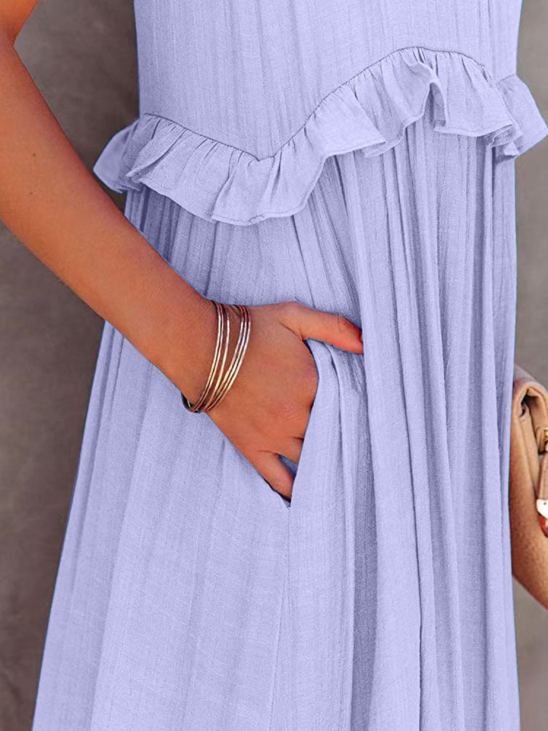 Romantic Ruffled Sleeveless Tiered Maxi Dress with Pockets Elegant & Chic Statement Beautiful Design Dress