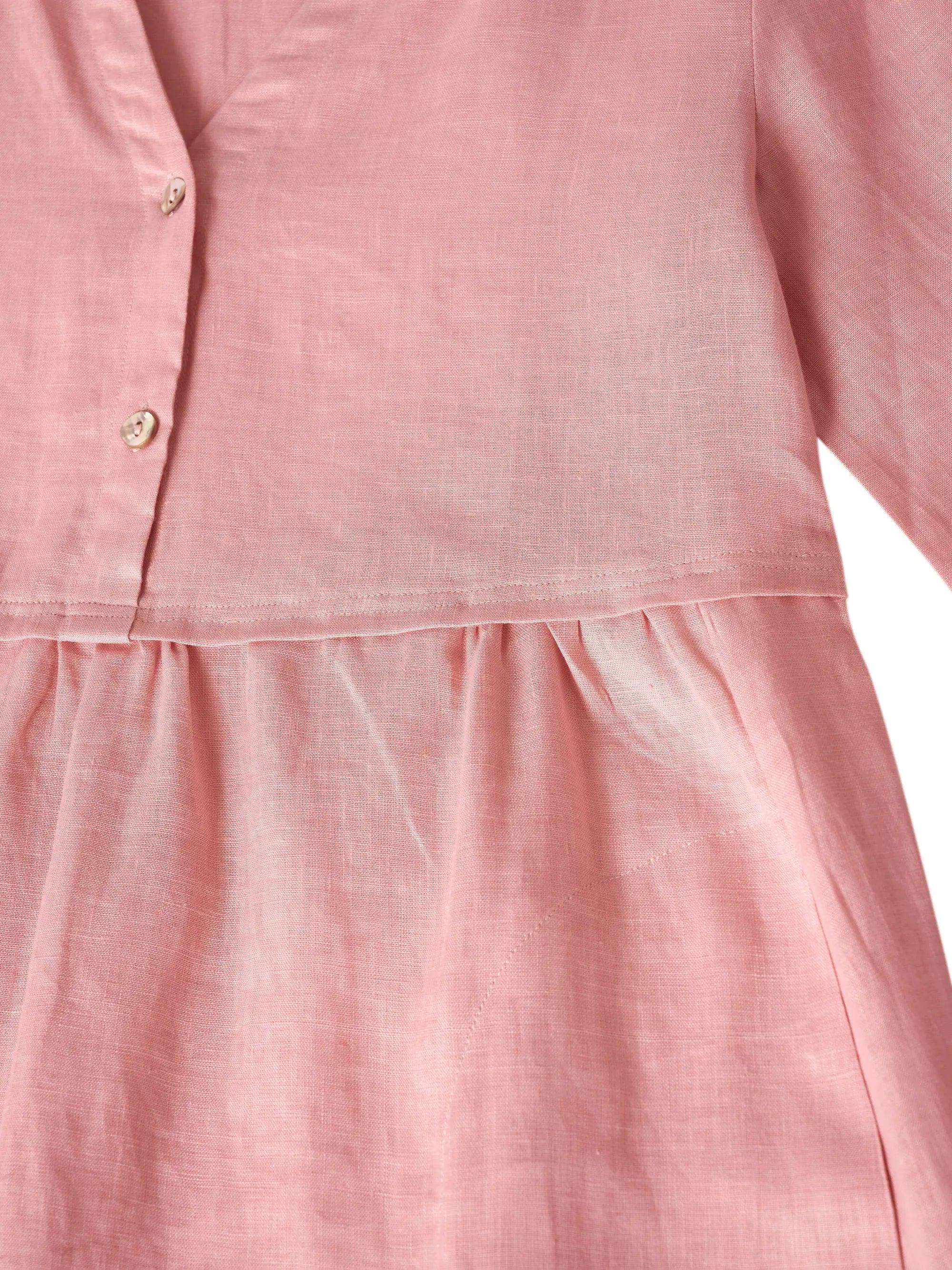 100% Linen Loose Fit Button Waist Gathered Midi Dress LUNA
