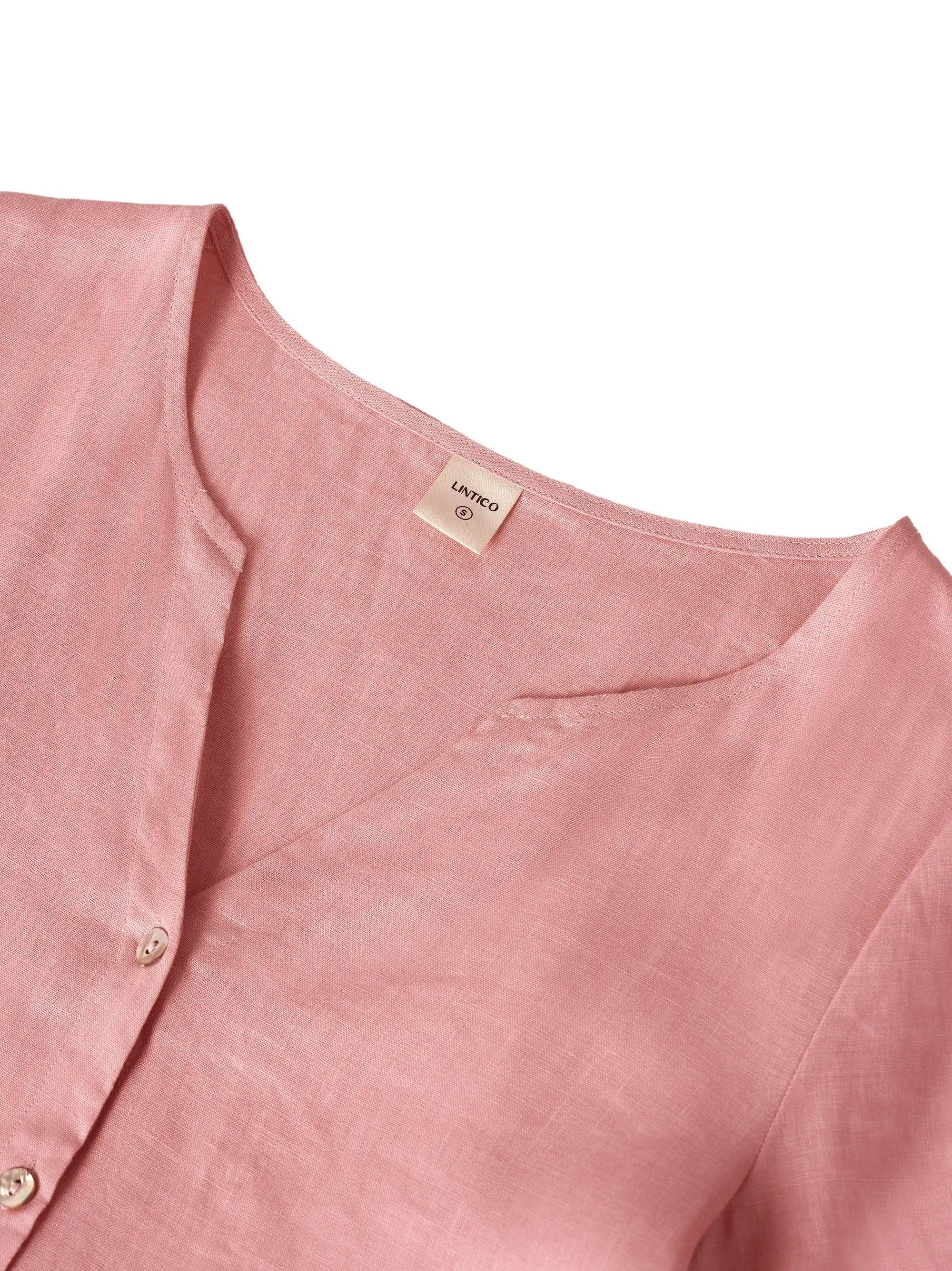 100% Linen Loose Fit Button Waist Gathered Midi Dress LUNA