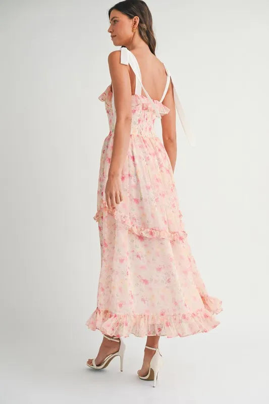 Floral Printed Shoulder Strap Midi Dress For Women – Floral Midi Dress, Shoulder Strap Dress, Ruffled Midi Dress, Feminine Floral Dress, Elegant Occasion Dress
