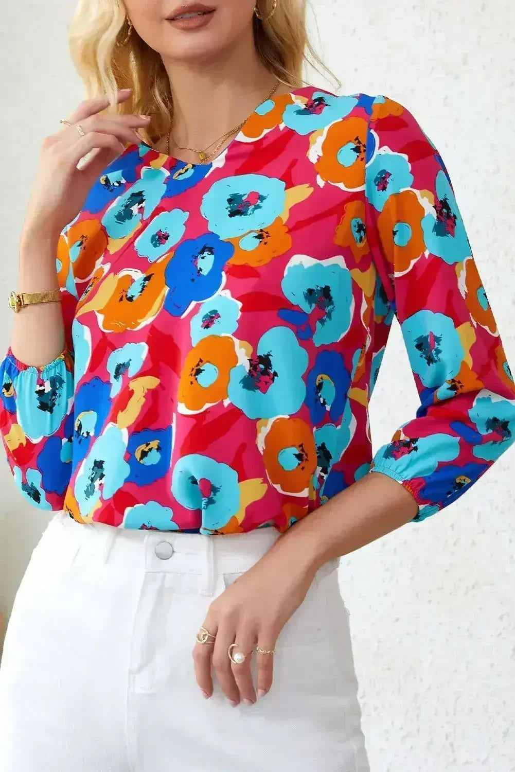 Floral Print V Neck Blouse - 3/4 Sleeve & Non-Stretch | Femstylo