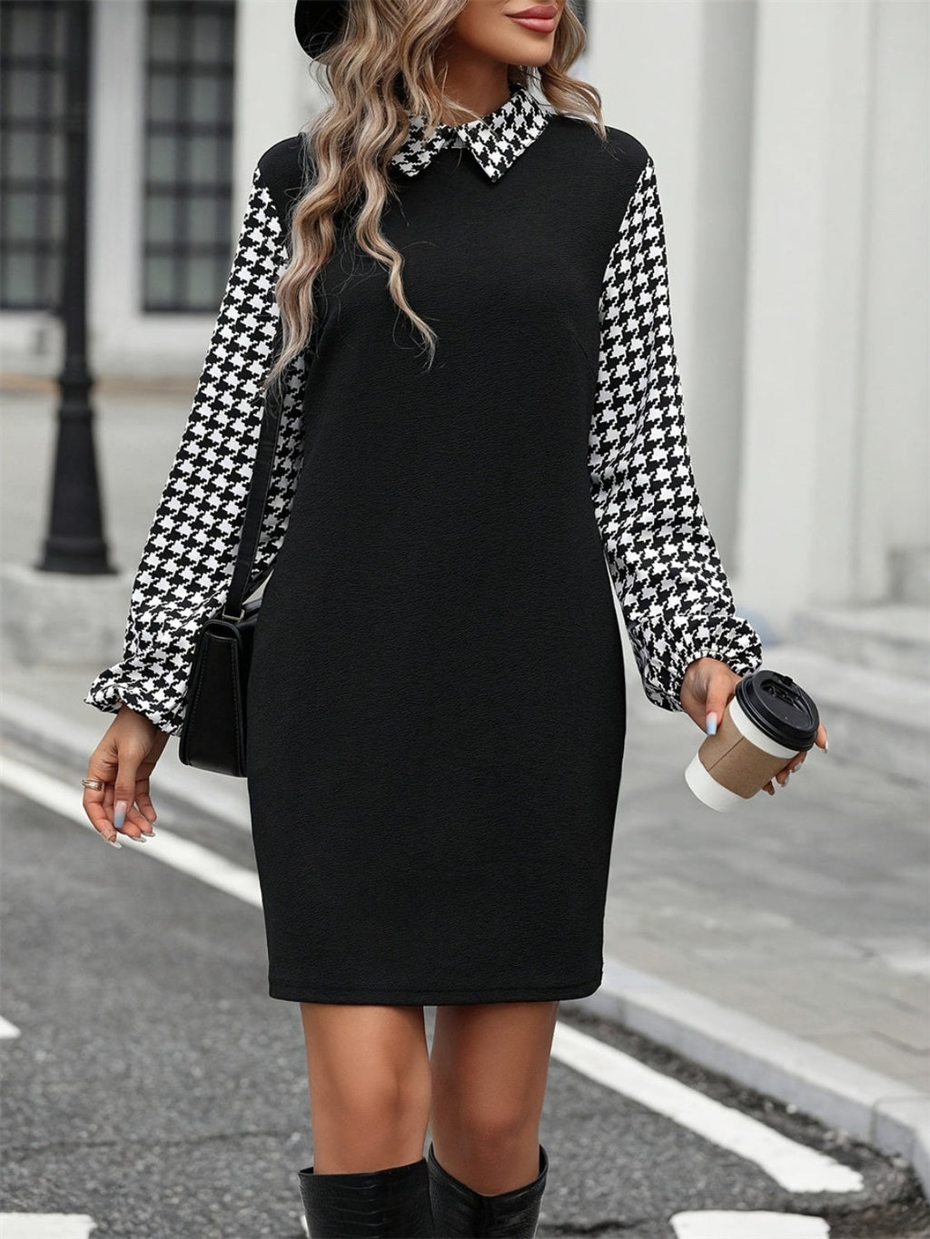 Timeless Black Collared Neck Long Sleeve Mini Dress Vintage Design Classic Women Dress