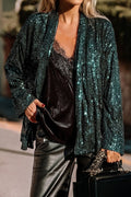 Evergreen Glitter Sequin Open Front Long Sleeve Top