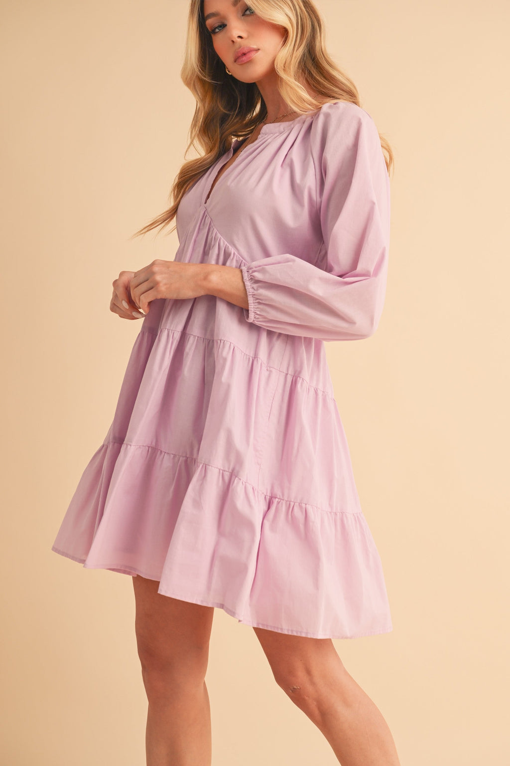 Notched Balloon Sleeve Tiered Mini Dress For Women–Trendy, Chic Style with Modern Balloon Sleeves, Tiered Layers for a Playful & Flirty Look