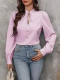 Striped Tie Neck Long Sleeve Blouse – Femstylo