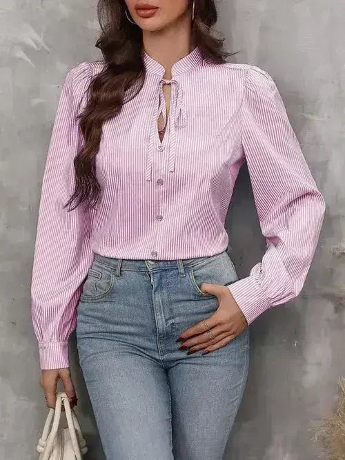 Striped Tie Neck Long Sleeve Blouse – Femstylo