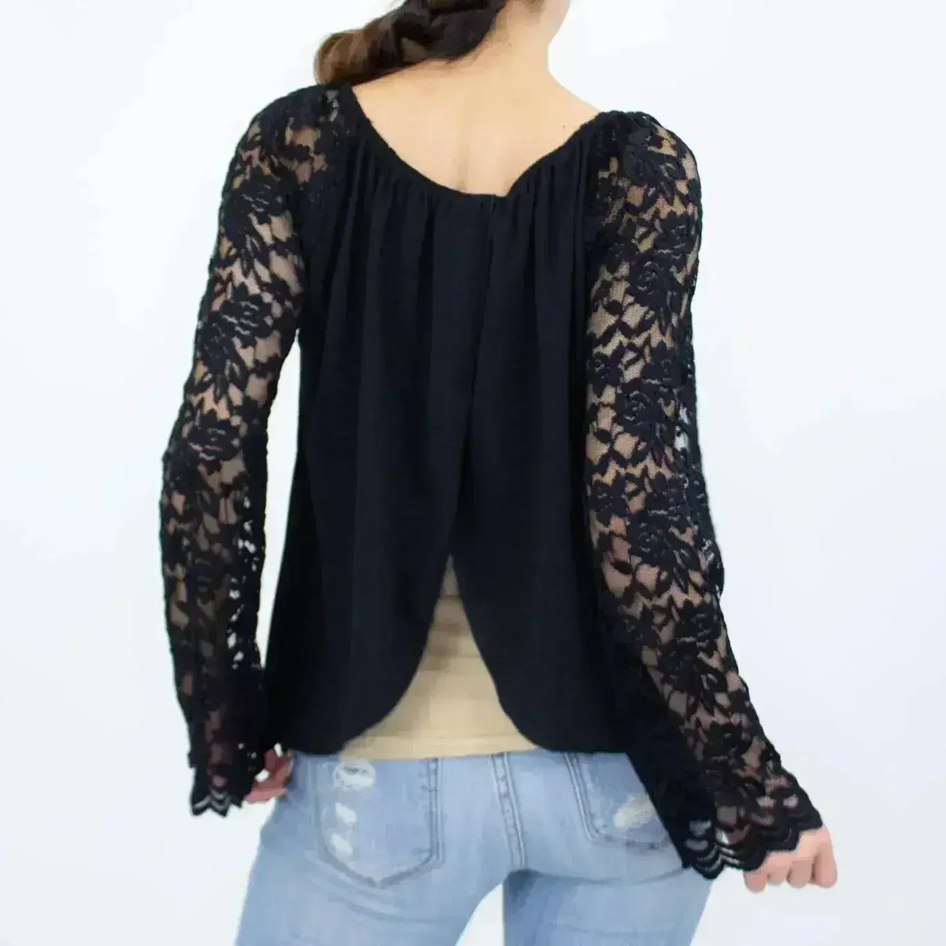 Lace Sleeve Backless Top - Black | Femstylo | Made in USA