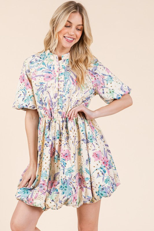 New Summer Floral Eyelet Lace Puff Sleeve Mini Shirt Dress For Women – Elegant, Trendy, Chic and Feminine Mini Shirt Dress with Puff Sleeves and Floral Eyelet Lace