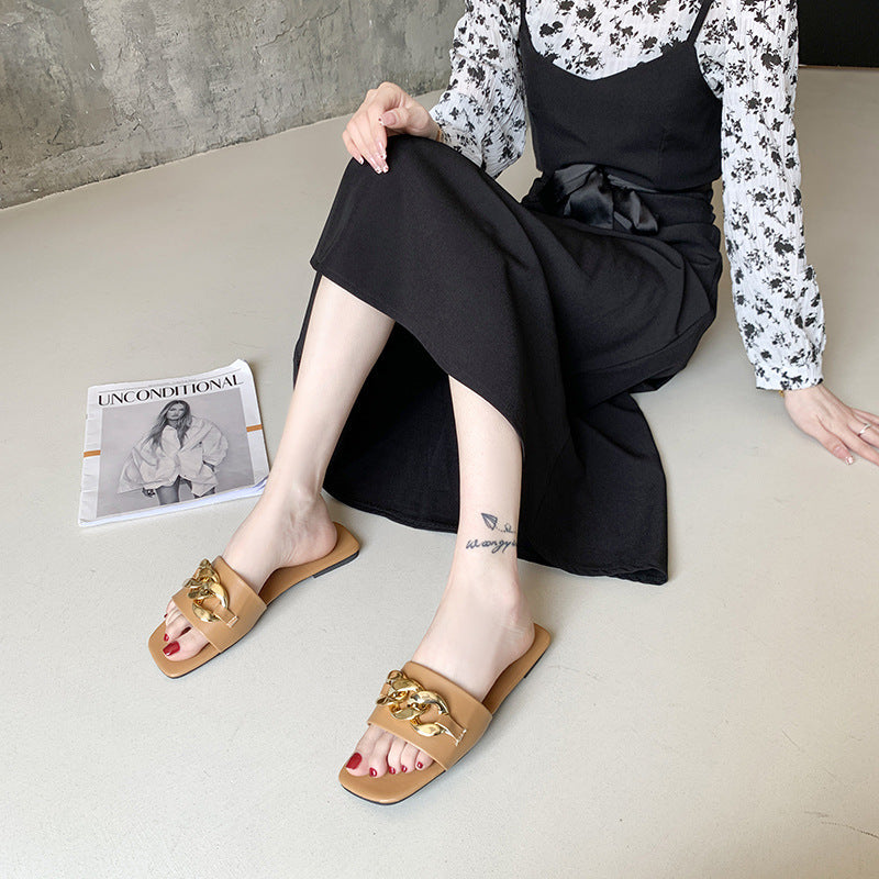 Women Sandals Design Gold Chain Closed Toe Slip On Mules Shoes Flat Heels Square Head Casual Slides Summer Slippers Open Toe Flat Sandals Metal Chain PU Leather Slides Shoes
