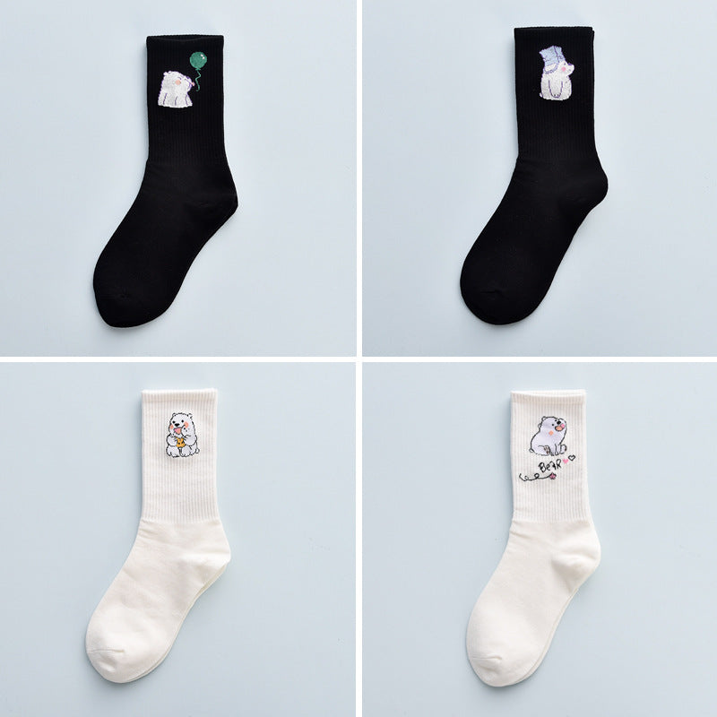 4Pair Spring And Summer Combed Out Of Pure Cotton Socks Mid Waist Fashion Bear Socks Cute Animal Socks Kawaii Cute Cartoon Purple College Socks For Men And Women