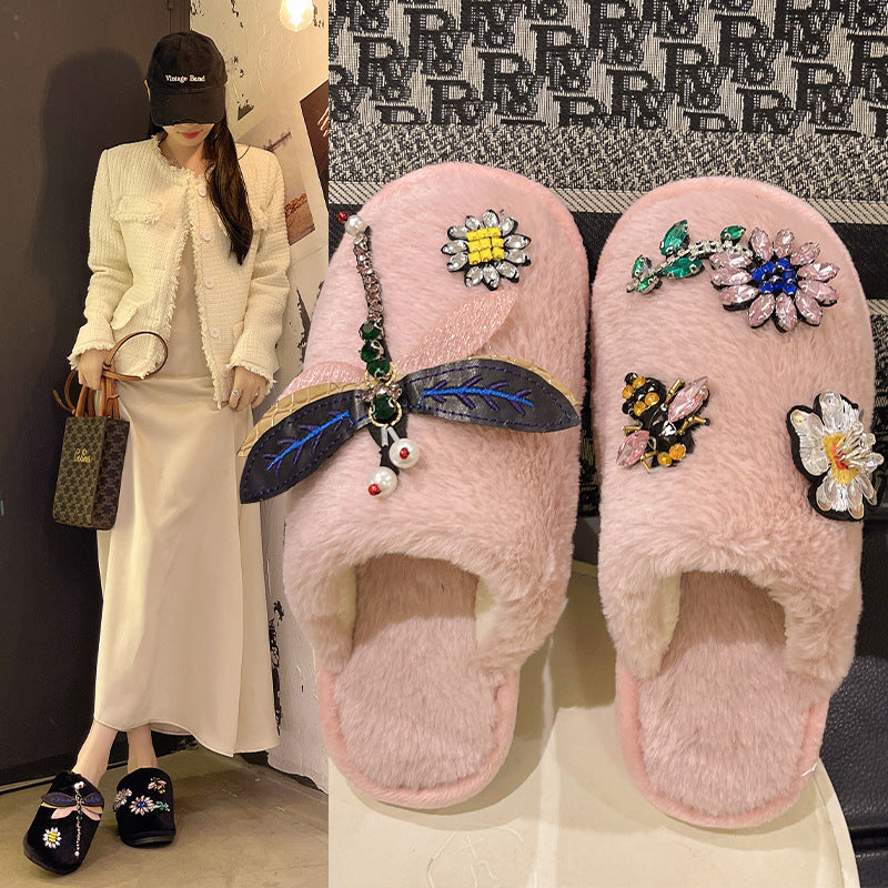 Winter Woman Warm Home Slippers Women Diamond Flip Flops Fur Slides Anti-slip Indoor Slippers Slip On Bedroom Shoes Memory Foam Wool Lining Indoor Ourdoor Non Skid Slippers