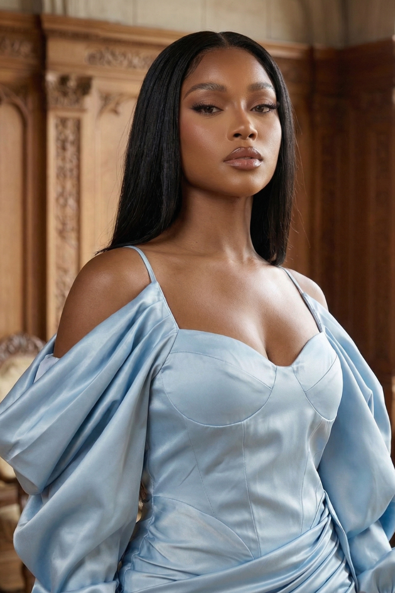 Athina elegant puff shoulder satin mini dress