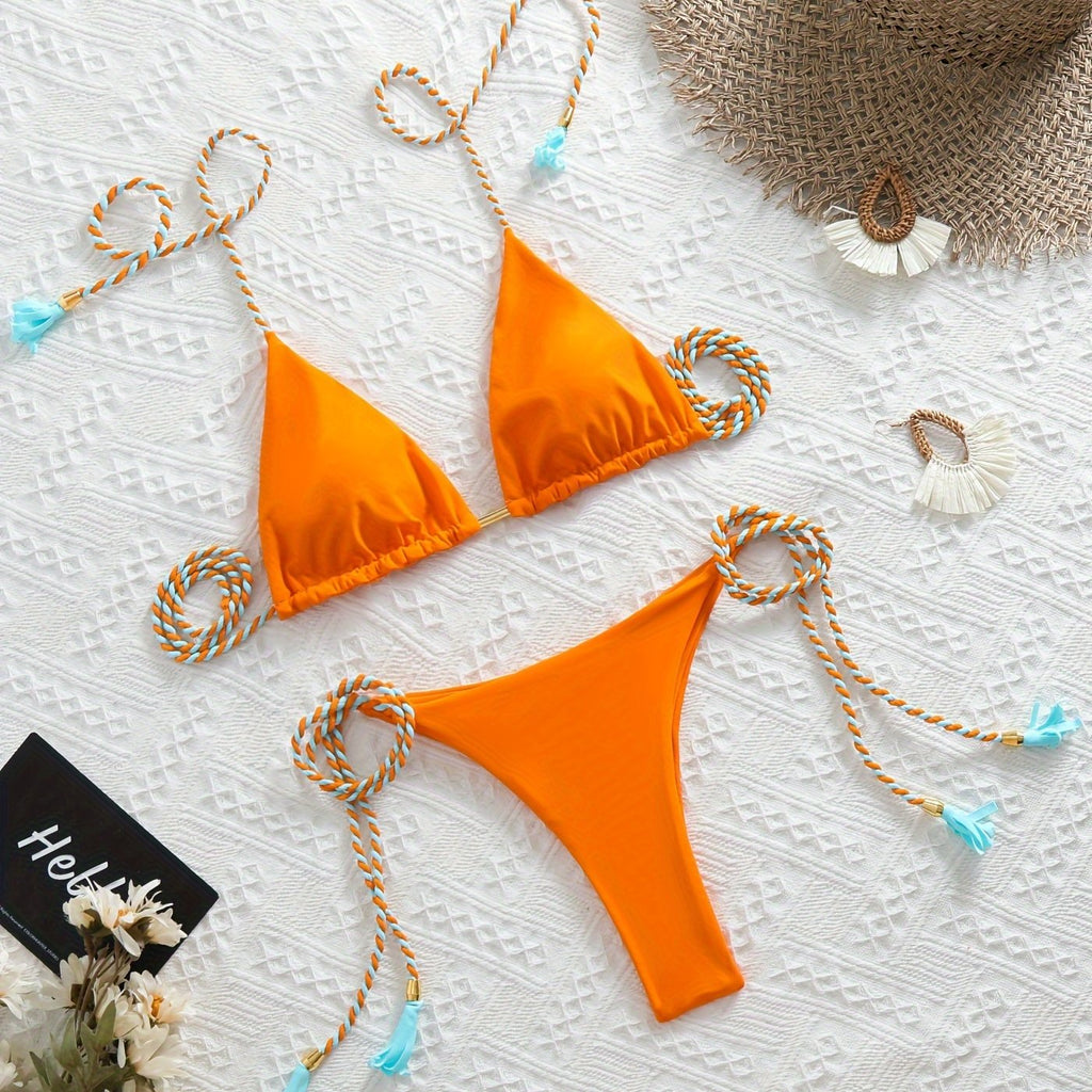 New Festival Flame Halter Bikini Set for Women – Triangle V-Neck Backless Two-Piece Swimsuit with Tie Side Bottoms & Adjustable Lace-Up Fit – Sleek Polyamide Swimwear for Koningsdag/King’s Day & Summer Beach Celebrations