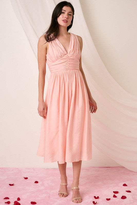 Ruched V-Neck Sleeveless Midi Dress For Women – Elegant and Chic Dress with Flattering Ruched Detailing and Sophisticated V-Neck