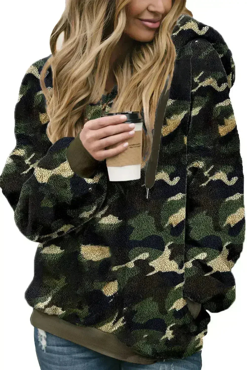 Women's Winter Green Camo Print Warm Furry Pullover Hoodie