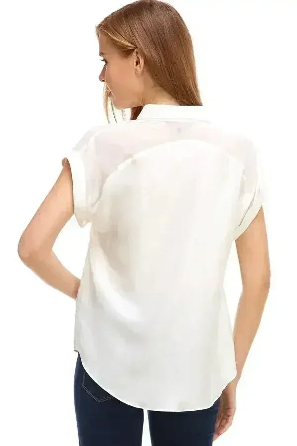 Rolled Sleeve Satin Blouse – Silk V-Neck Button-Up Tope | Femstylo