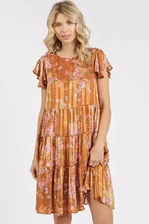 Flower Print Flutter Sleeve Tiered Caramel Dress – femstylo