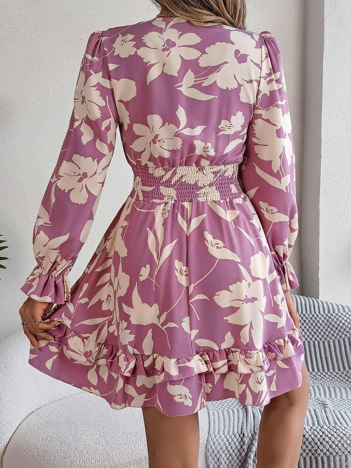 Feminine Lilac Ruffled Printed Long Sleeve Dress Summer Cute Midi Dress